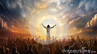 Illustration, the God in front of the people spread his arms to the sides for a hug Stock Photo