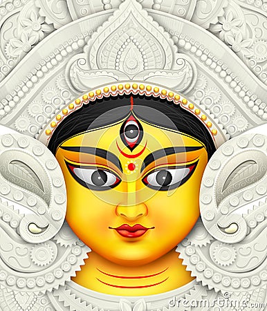 Goddess Durga Face in Happy Durga Puja Subh Navratri background Vector Illustration