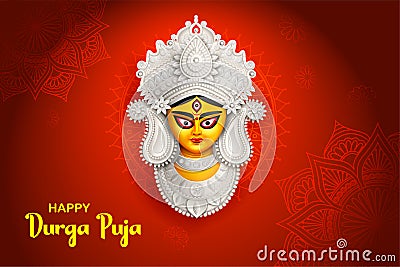 Goddess Durga Face in Happy Durga Puja Subh Navratri background Vector Illustration