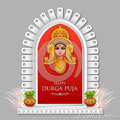 Goddess Durga Face in Happy Durga Puja Subh Navratri Indian religious header banner background Vector Illustration