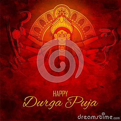 Goddess Durga Face in Happy Durga Puja Subh Navratri Indian religious header banner background Vector Illustration