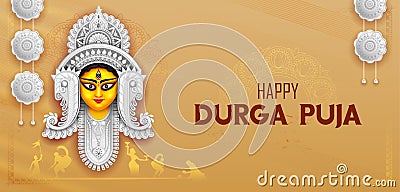 Goddess Durga Face in Happy Durga Puja Subh Navratri Indian religious header banner background Vector Illustration