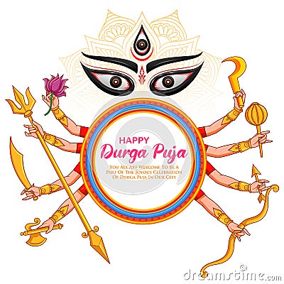 Goddess Durga Face in Happy Durga Puja Subh Navratri Indian religious header banner background Vector Illustration