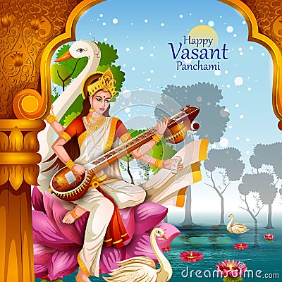 Illustration of Goddess Saraswati for Vasant Panchami Puja of India Vector Illustration