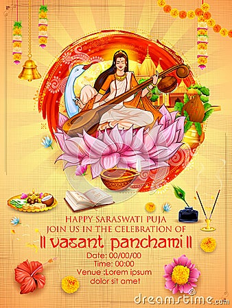 Goddess of Wisdom Saraswati for Vasant Panchami India festival background Vector Illustration