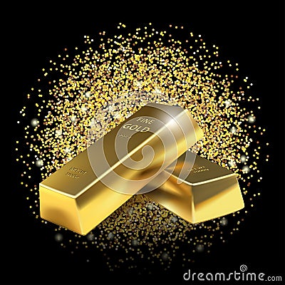 Gold bars on glitter dust background. Vector Illustration