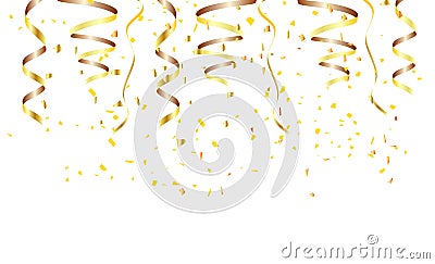 Gold confetti and ribbons celebration isolated on white background Vector Illustration