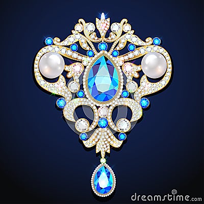 gold jewelry brooch pendant with precious stones and pearls Vector Illustration