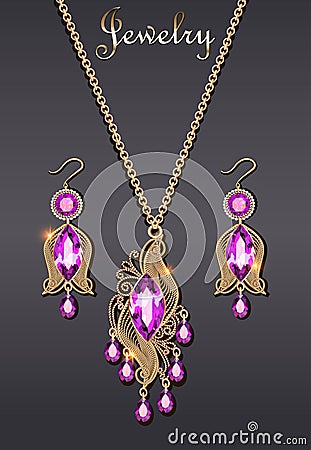 Gold pendant and earrings with filigree and gemstone Vector Illustration