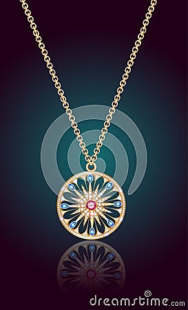 gold pendant with precious stones on dark background with reflection Vector Illustration