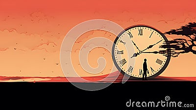 Illustration of Golden Hour Clock with Silhouette of a Man Stock Photo