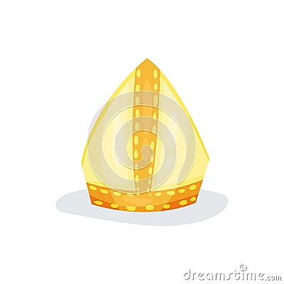 Golden papal tiara or pope tiara. Shiny gold hat of church servant. Religious object. Flat vector element for website or Vector Illustration