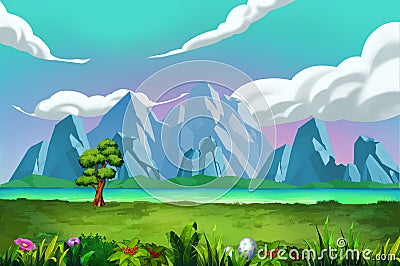 Illustration: The Good View of River Bank in front of the Mountains. Stock Photo