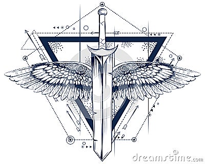 Gothic style sword with wings tattoo Vector Illustration
