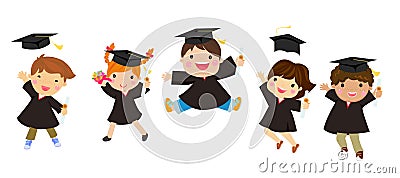 Graduating kids jumping with hats flying in the air Vector Illustration