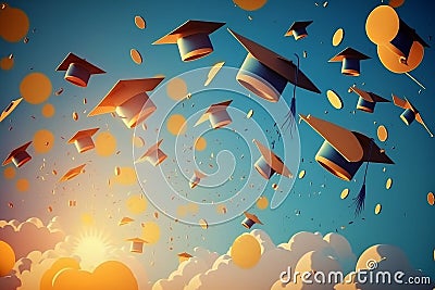 Illustration of graduation caps thrown into air. Generative AI Stock Photo