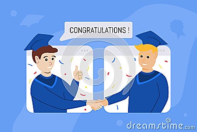 Illustration graduation online with two teenager using toga Vector Illustration