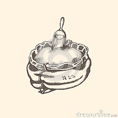 The illustration of a grain sack with a scoop in vector. Drawn miller bagful in the engraving style. Vector Illustration