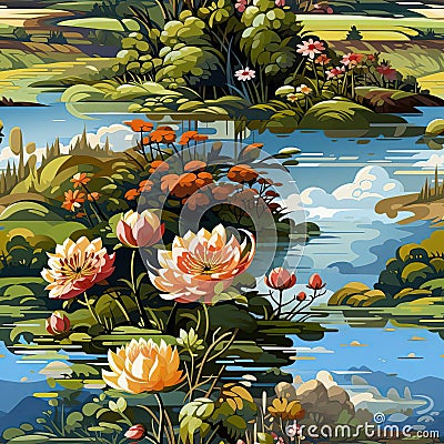 Illustration of a grand landscape with a lake and flowers (tiled Stock Photo