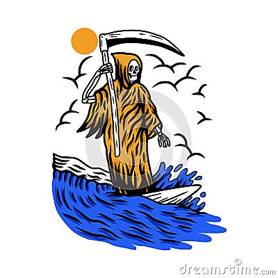 Illustration of grim reaper surfing Vector Illustration