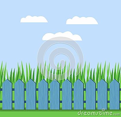 Illustration of grass and fence on a background of blue sky with clouds. Vector Illustration