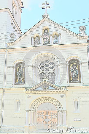 Illustration of Greek chatolic sinagoge in Zagreb. Stock Photo