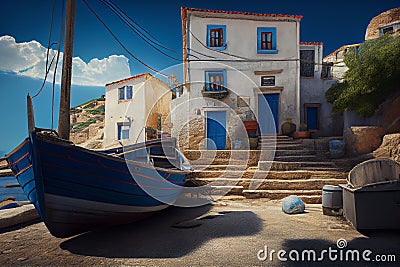 Illustration of a Greek fishing village Stock Photo