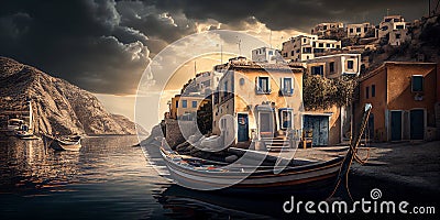 Illustration of a Greek fishing village Stock Photo