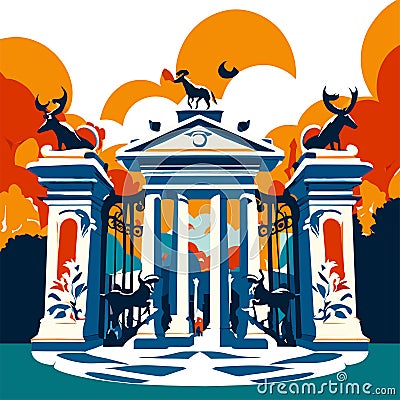 Illustration of a greek temple in front of an orange sunset Generative AI Vector Illustration