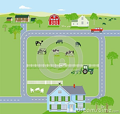 Green farmlands with highway Vector Illustration