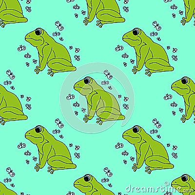 Illustration green frog with butterflies, background. Seamless pattern. Vector Illustration