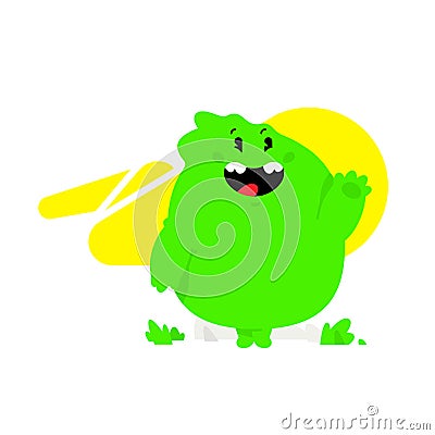 Illustration of a green kawaii monster. Vector. Cute cartoon baby dragon. Toy rubber mascot for the company. Character for animati Vector Illustration