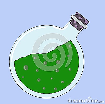Circular chemical bottle with green liquid Stock Photo
