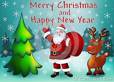 greeting card with Christmas trees Santa with gifts and reindeer Vector Illustration