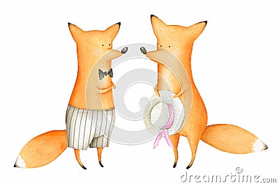 Cute and Funny Watercolor Foxes. Forest Animal. Summer Stock Photo
