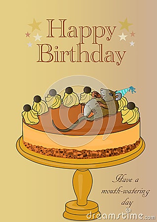 Greeting card birthday with a mouse eating a cake Cartoon Illustration