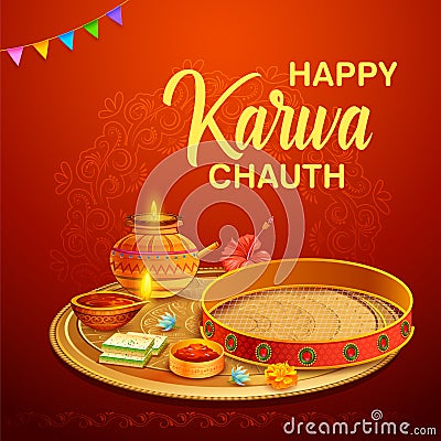 Greetings for Indian Hindu festival Happy Karwa Chauth Vector Illustration