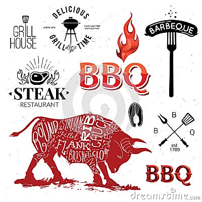 Illustration Grill Menu Labels Set of in Flat Design Style. Vector Illustration