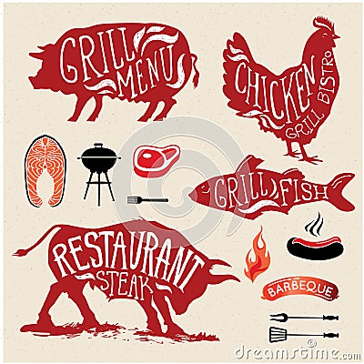 Illustration Grill Menu Labels Set of in Flat Design Style. Vector Illustration