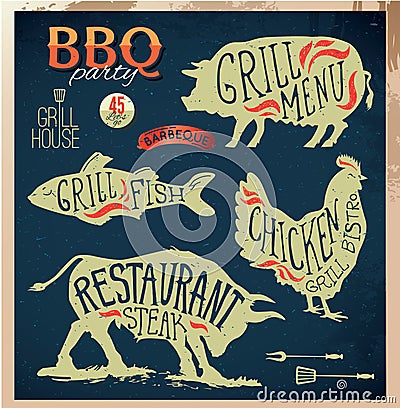 Illustration Grill Menu Labels Set of in Flat Design Style. Vector Illustration