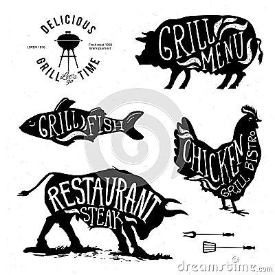 Illustration Grill Menu Labels Set of in Flat Design Style. Vector Illustration