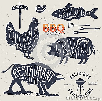 Illustration Grill Menu Labels Set of in Flat Design Style. Vector Illustration