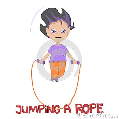 Illustration of grinning young girl in purple shirt and orange pants jumping a rope over white background, Vector Vector Illustration