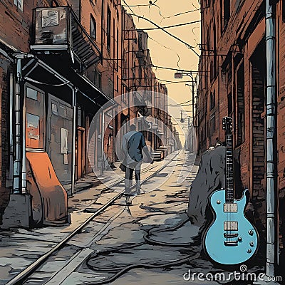 A gritty urban alley where a street performer plays soulful blues on a weathered electric guitar, accompanied by the distant sound Cartoon Illustration