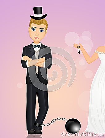 Illustration of the groom chained by the bride Cartoon Illustration