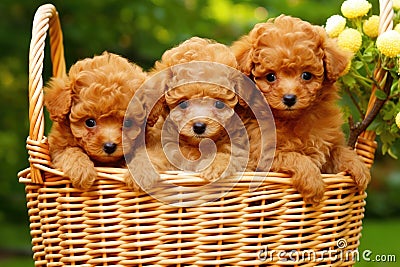 Group of Adorable Poodle Puppies Sitting in a Basket, Generative AI Stock Photo