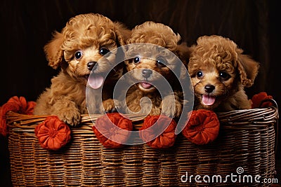 Group of Adorable Poodle Puppies Sitting in a Basket, Generative AI Stock Photo