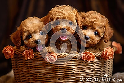 Group of Adorable Poodle Puppies Sitting in a Basket, Generative AI Stock Photo