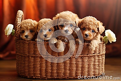 Group of Adorable Poodle Puppies Sitting in a Basket, Generative AI Stock Photo