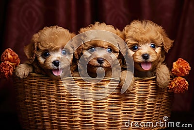 Group of Adorable Poodle Puppies Sitting in a Basket, Generative AI Stock Photo